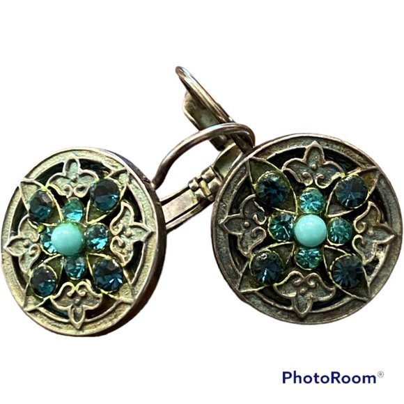 Mariana Earrings, Lever Back Turquoise Center flanked by blue gems - Picture 1 of 3